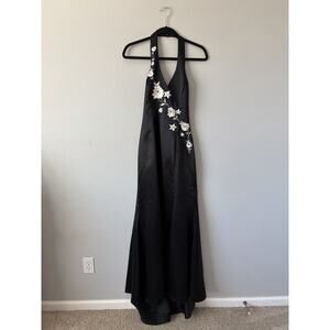 Vintage Y2K Morgan & Co. Black Floral Embroidery Halter Maxi Gown Sz 11/12 Prom